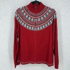 Woolrich Knit Wool Full Zip Jacket Sweater Size L Ruby Red Fair Isle Lightweight
